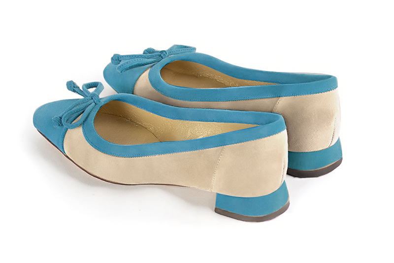 Peacock blue and champagne white women's ballet pumps, with low heels. Square toe. Flat flare heels - Florence KOOIJMAN